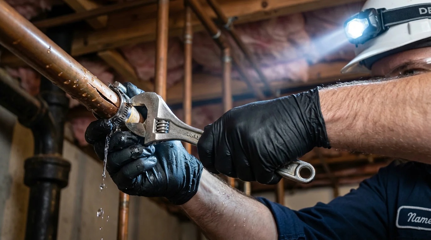 Emergency pipe clamp repair being performed by a Johns Plumbing LLC plumber in Evergreen