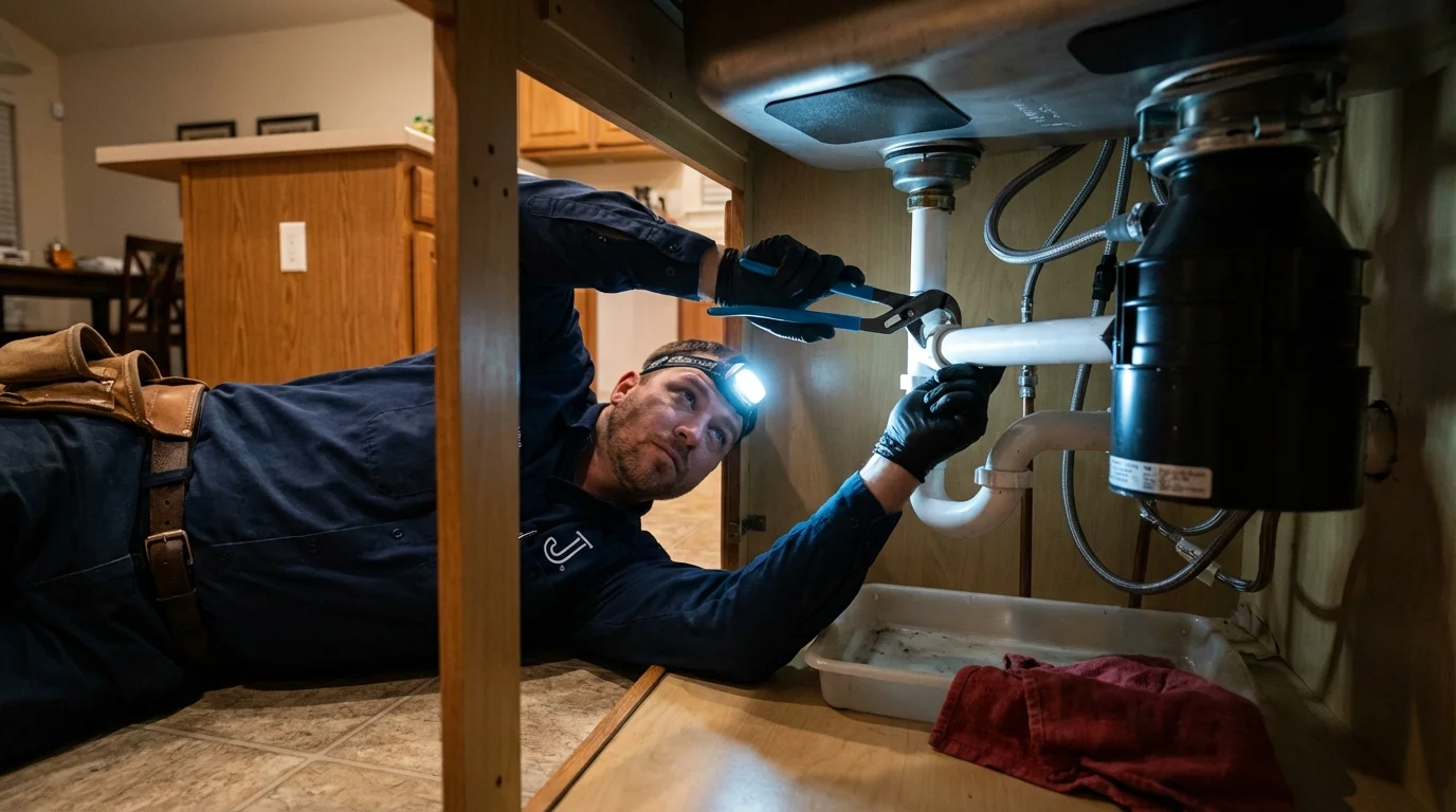 P-trap and supply line connections under a kitchen sink showing a common leak point in Evergreen, AL